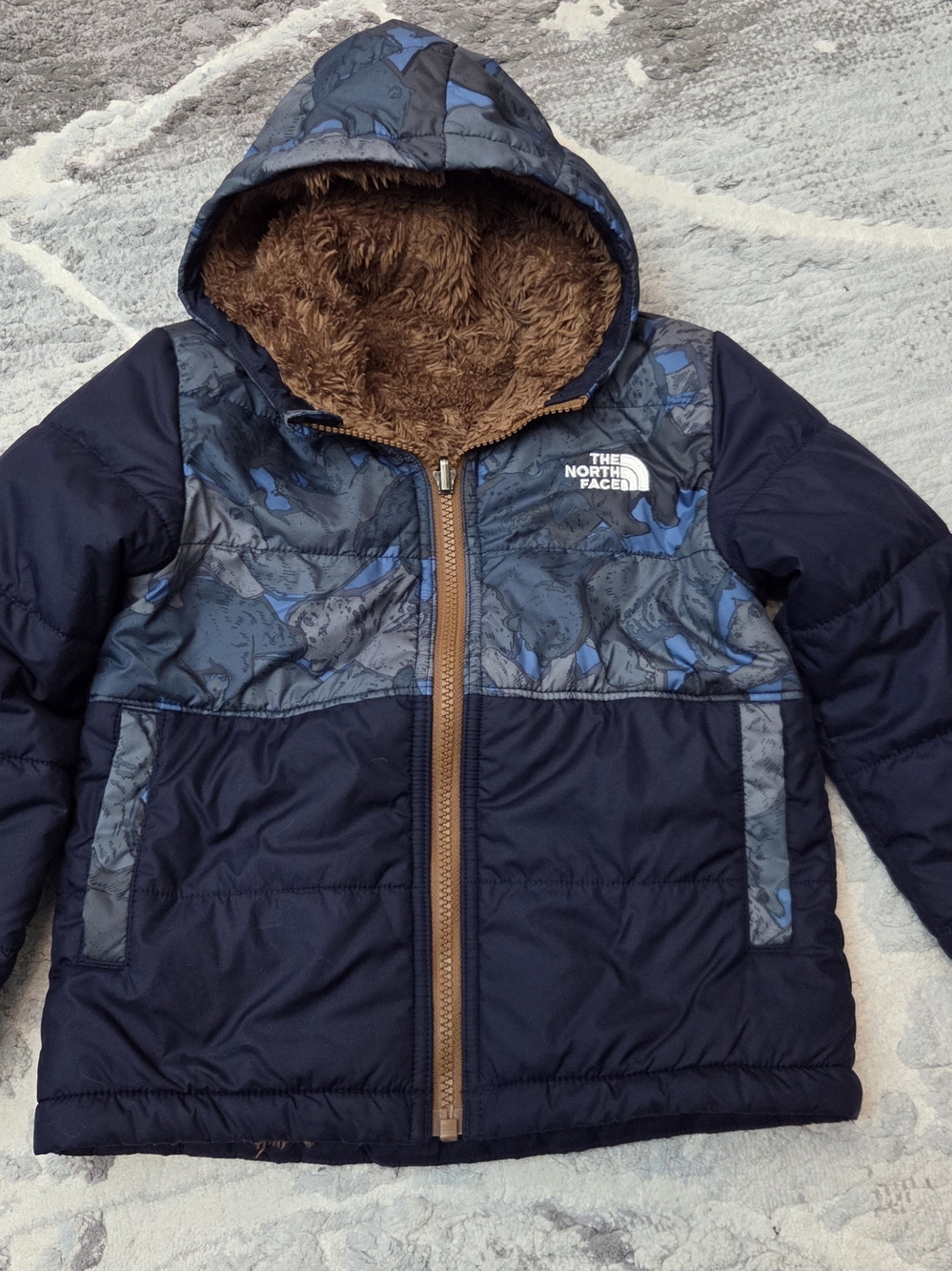 The North Face Navy Blue & Brown Hooded Kids Puffer Jacket
